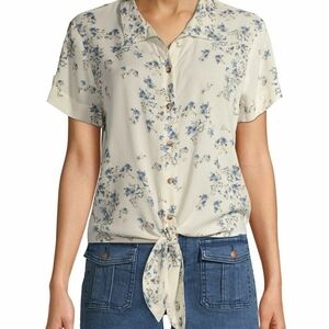 No Boundaries Cream and Blue Floral Tie-Front Blouse